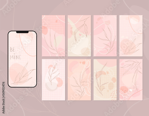 Social media story layout in shades of pink, beige and pale yellow. Abstract shapes, spots, lines, checkered pattern. Place for icons, messages, text placement.