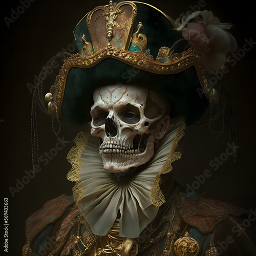 A Painting of a Skeleton Wearing 1600s Clothing photo