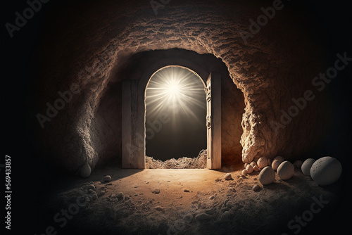 Empty tomb of Jesus with crosses in the background. Easter or Resurrection concept. Generative AI.
