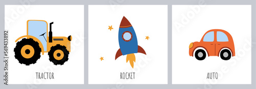 A set of posters in the boy's room. Tractor, rocket, car. Simple hand-drawn illustrations on a white background. A postcard, a poster, a nursery decoration, a children's T-shirt with a print.