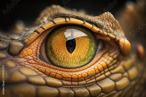 close-up photo of brown crocodile eye with very detailed inside, generative AI technology 