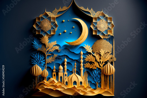 Festive greeting card for Muslim holy month Ramadan Kareem.Generative AI.