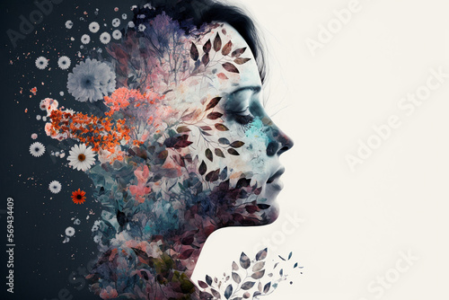 Abstract contemporary art collage portrait of young woman with flowers, retro colors.