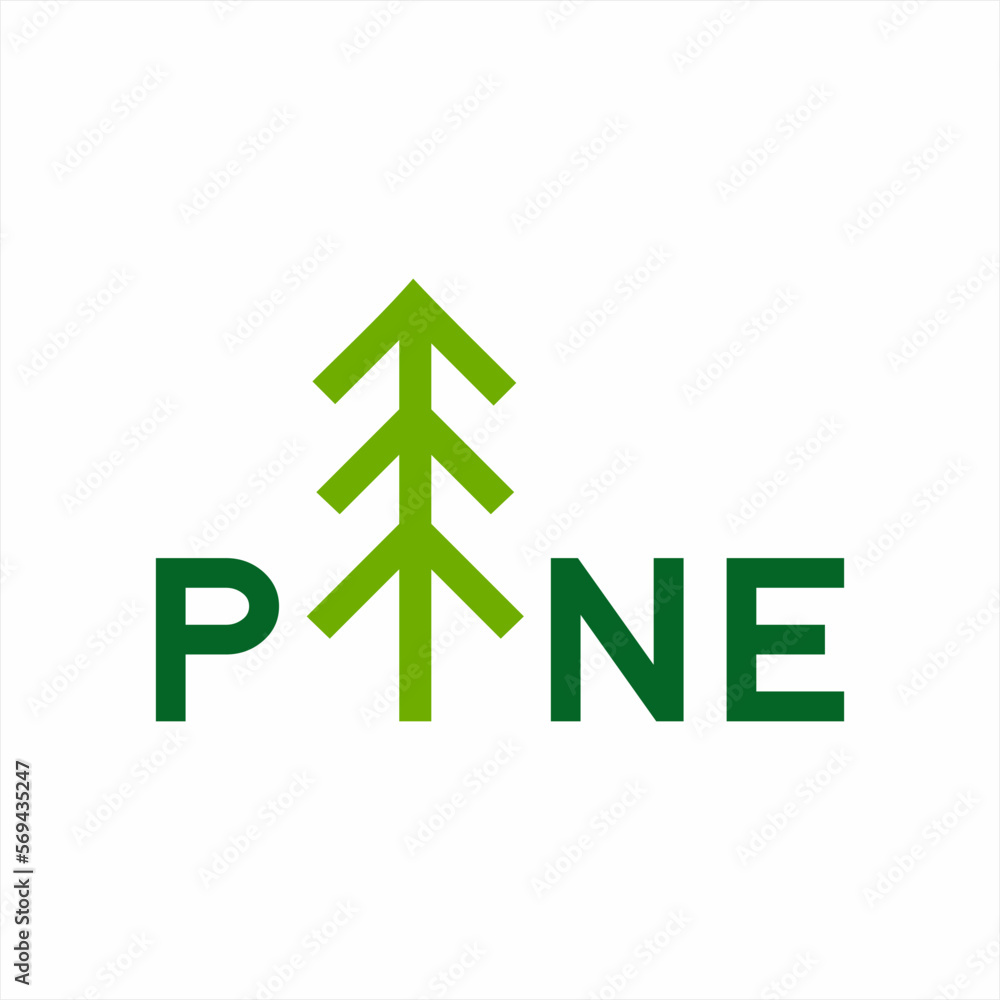 Pine word design with pine tree symbol on letter I. Pine word design with pine tree symbol on letter I.