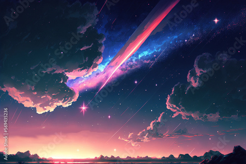 WIshing star  Journey at Wild Nature. Clear Starry night  Sky with Movie Atmosphere and Wonderful Cloud  Beautiful Colorful Landscape  Anime Comic Style Art. For Poster  Novel  UI  WEB  Game  Design