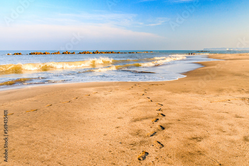 夕方の波が押し寄せる砂浜に残った足跡
