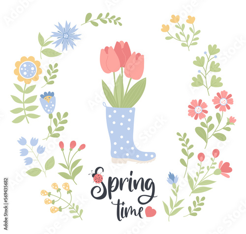 Spring time flower collection. Bouquet of tulips in rubber boot and variety of flowers, branches and plants. Vector illustration. Isolated elements in flat style for design, decor, postcards and print