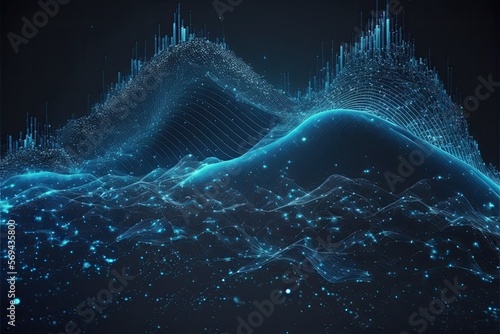 Futuristic big data visualization wave connecting neural network and moving on earth.Generative AI photo