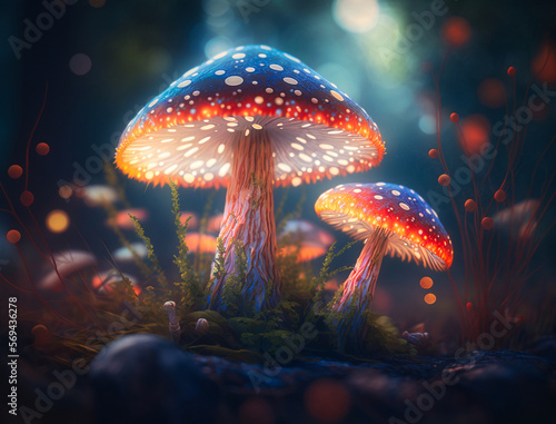 Glowing mushrooms in a fantasy fantasy forest variety of styles, generative AI technology