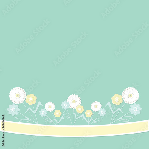 Green background with flowers, ribbon and place for text. This illustration made in papercut technic. It maybe card, paper, blank, frame, decoration.