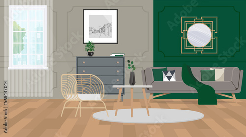 Stylish emerald green and gray living room interior design.