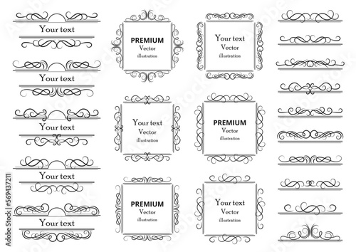 Calligraphic design elements . Decorative swirls or scrolls  vintage frames   flourishes  labels and dividers. Retro vector illustration