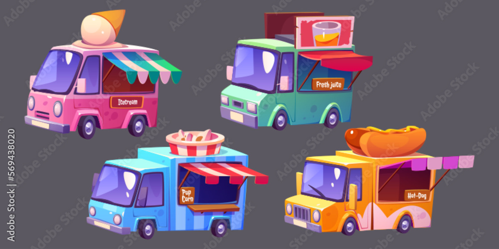 Obraz premium Set of cartoon truck with food. Fectival car with tent to sell ice cream, juice, pop corn or hot dog. Isolated fastfood van for lunch delivery, vector isolated illustrations. Foodtruck, tent business