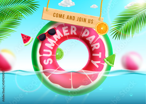 Summer party vector design. Summer party text in watermelon floater element for beach event celebration. Vector illustration summer party invitation.