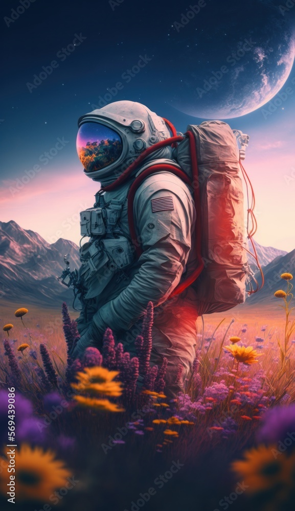 Astronaut holding a boquet of wildflowers in an alpin meadow, at twilight, volumetric lighting, cinematic