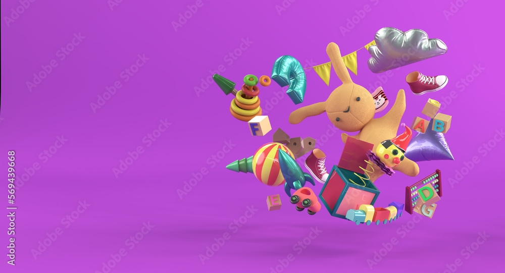 3D illustration of colorful children's toys on purple background 3D illustration of colorful children's toys on purple background