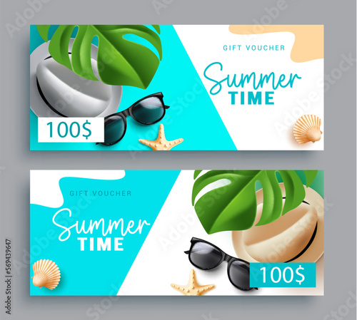 Summer time vector set design. Summer gift voucher and shopping with beach elements coupon vouchers. Vector illustration discount card collection. 