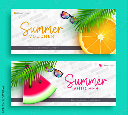 Summer voucher vector set design. Summer gift certificate and company shopping card discount coupon collection. Vector illustration holiday season gift vouchers. 