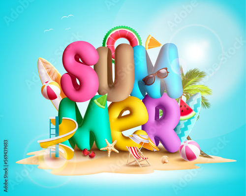 Summer 3d text vector design. Summer font letters in sand island element with beach elements. Vector illustration tropical season outdoor background. 