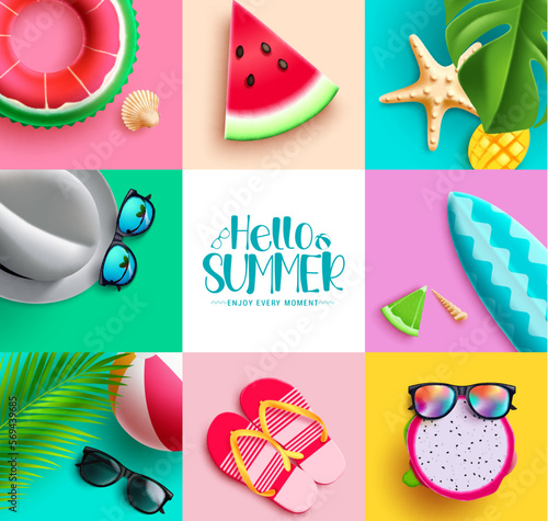 Summer vector background design. Summer hello text in empty space with colorful beach elements collection. Vector illustration tropical season design element.