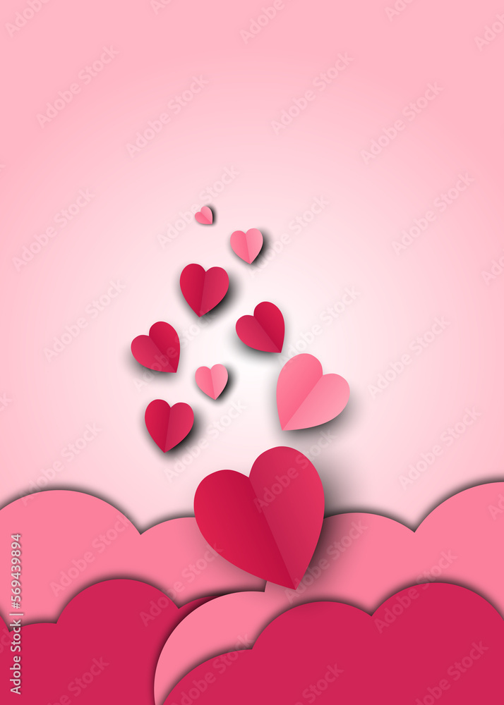 happy Valentines Day banner with paper hearts pink color