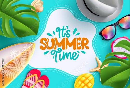 Summer time vector design. It's summer time text in empty space with beach element in abstract background. Vector illustration greeting card season background. 