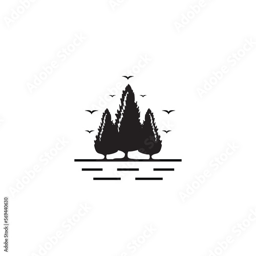 black and white flat design seafront view with fir trees