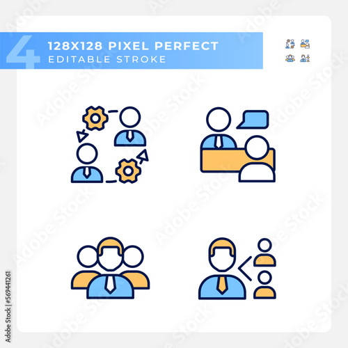 Teamwork pixel perfect RGB color icons set. Onboarding process. Job interview. Referral program. Company staff. Isolated vector illustrations. Simple filled line drawings collection. Editable stroke