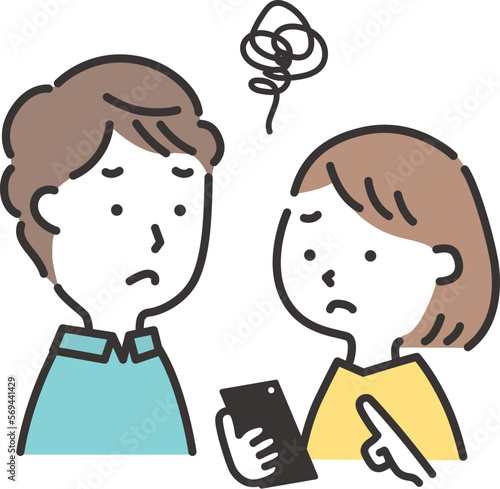 スマホを見ながら悩む若い夫婦のイラスト