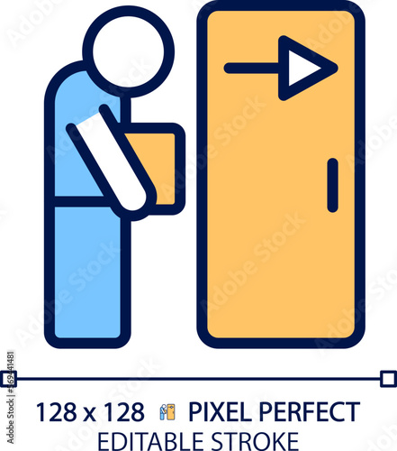 Dismissal pixel perfect RGB color icon. Fired employee. Work loss. Jobless person. Staff reduction. Resignation. Isolated vector illustration. Simple filled line drawing. Editable stroke