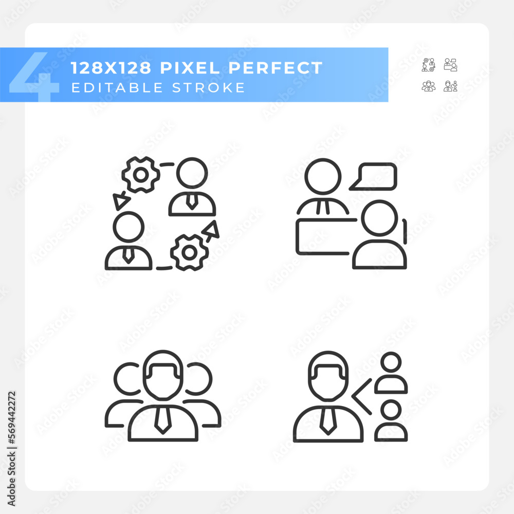 Teamwork pixel perfect linear icons set. Onboarding process. Job interview. Referral program. Company staff. Customizable thin line symbols. Isolated vector outline illustrations. Editable stroke