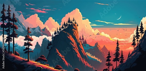 Scenic vista of distant snow-covered mountain range peaks, tall pine trees and breathtaking clouds. Picturesque rugged terrain untouched, filled with natural beauty - generative AI illustration.