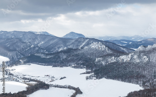Snowy winter landscape with rocky mountain range. National Nature Reserve Sulov Rocks, Slovakia, Europe. © Viliam