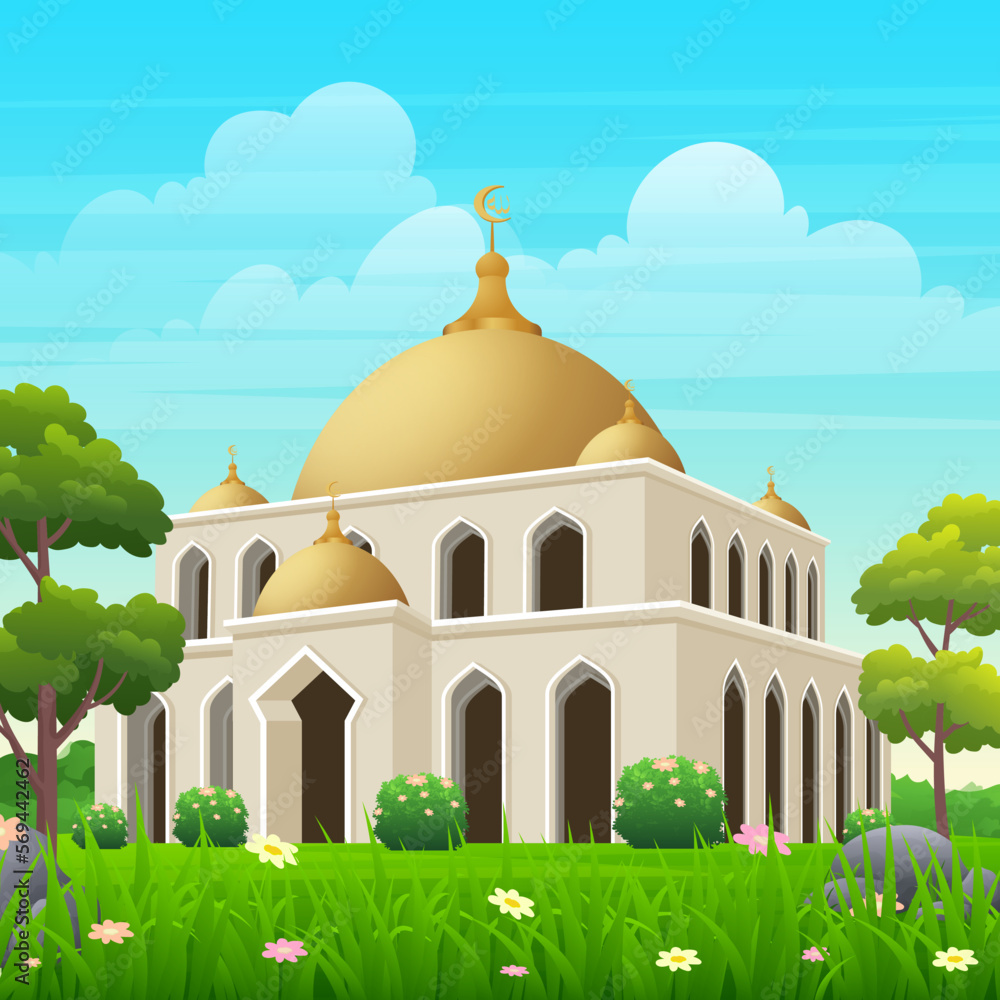 Beautiful Scene of mosque with nature park, green lawn, bush and trees vector illustration