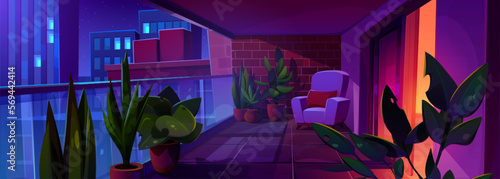 Homey interior of balcony with garden and furniture for lounge. Summer terrace with green plants and flowers in pots, glass fence and chair, vector cartoon illustration