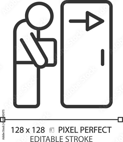 Dismissal pixel perfect linear icon. Fired employee. Work loss. Jobless person. Staff reduction. Resignation. Thin line illustration. Contour symbol. Vector outline drawing. Editable stroke
