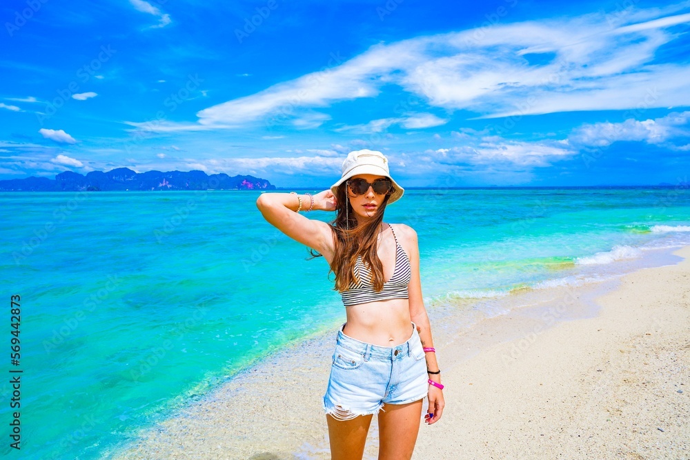 woman on the beach in krabi thailand, chicken island, tup island,  poda island, photo shooting, model shooting