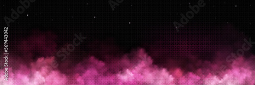 Cloud of pink smoke on black transparent background, bright stars shining in dark night sky. Realistic vector illustration of magic color fog with overlay effect. Holi powder paint mist. Love in air