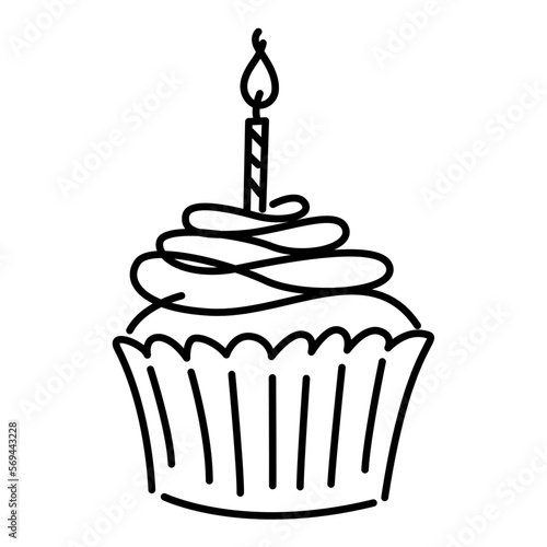 Hand-drawn birthday cake with black lines. Draw a doodle-style cake and candles.