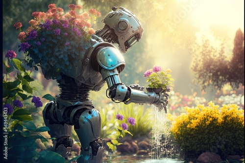 A human like AI robot collects flowers in a lovely light. Generative ai