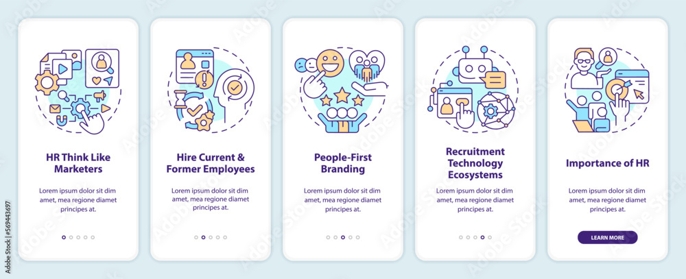 Recruitment trends onboarding mobile app screen. Human resources walkthrough 5 steps editable graphic instructions with linear concepts. UI, UX, GUI template. Myriad Pro-Bold, Regular fonts used