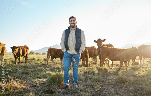 Tableau sur toile Sustainability, farming and portrait of man with cows on field, happy farmer in countryside with dairy and beef production