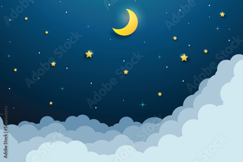 night sky with stars and moon. paper art style. Dreamy background with moon stars and clouds, abstract fantasy background. Half moon, stars and clouds on the dark night sky background.