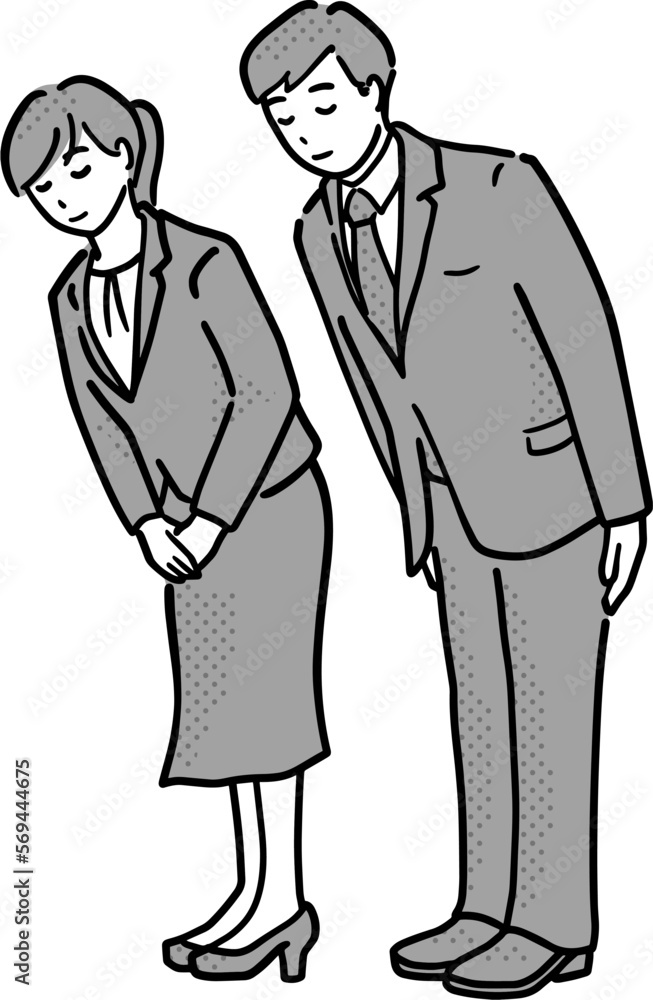 お辞儀をするスーツの男女モノクロイラスト 全身 お辞儀をするスーツの男女モノクロイラスト 全身