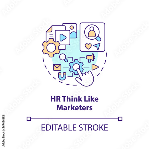HR think like marketers concept icon. Job position advertising. Recruitment trend abstract idea thin line illustration. Isolated outline drawing. Editable stroke. Arial, Myriad Pro-Bold fonts used