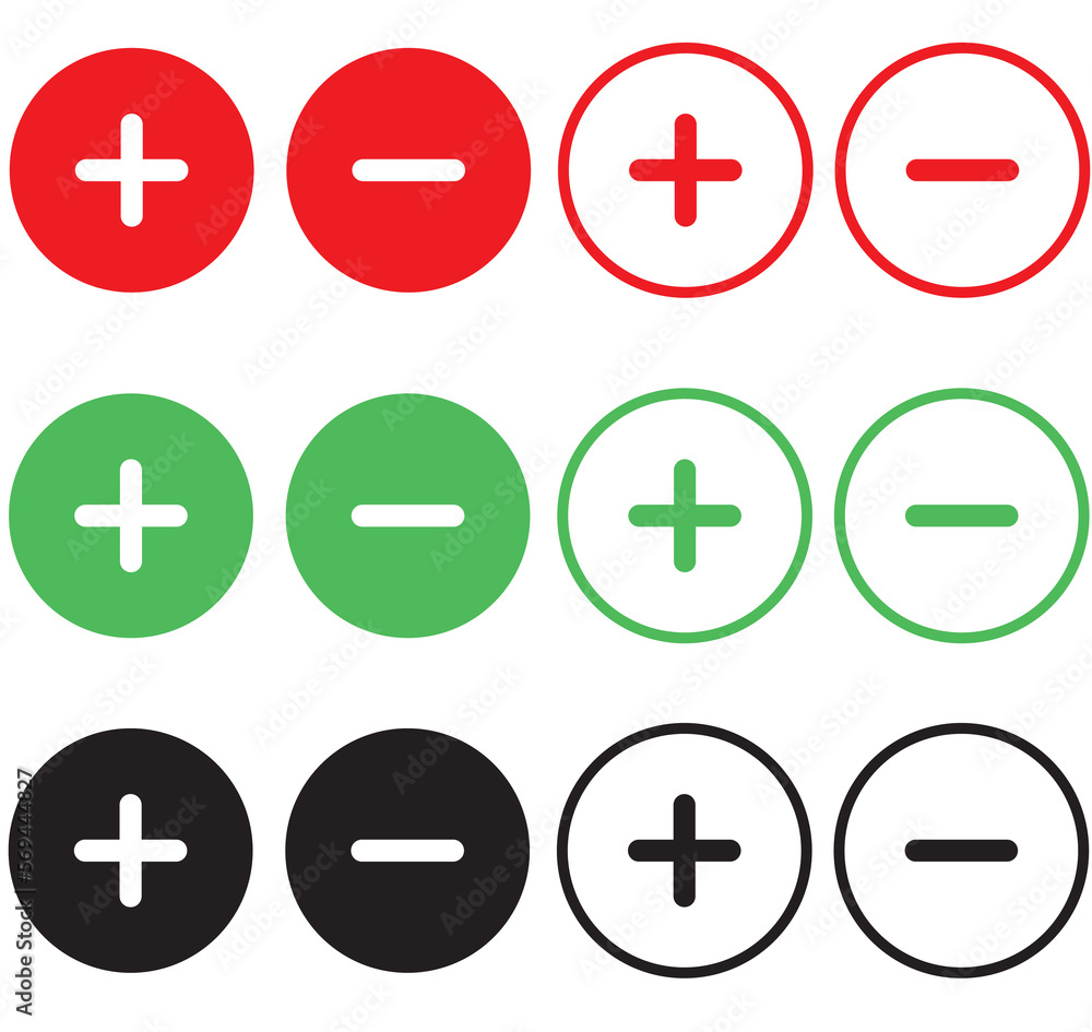 Plus and minus sign. Set of plus and minus. Plus and minus sign. Set of plus and minus.