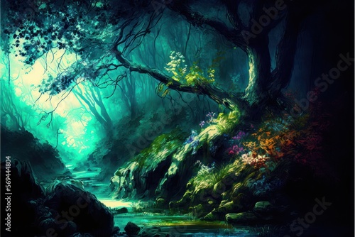 Enchanted Fantasy Forest River Background  Concept Art  Digital Illustration  Generative AI