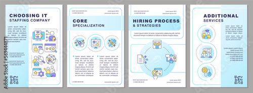 Choosing IT staffing company blue brochure template. Leaflet design with linear icons. Editable 4 vector layouts for presentation, annual reports. Arial-Black, Myriad Pro-Regular fonts used