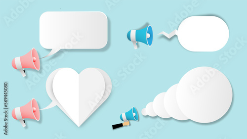 Set of megaphone with bubble speech in paper cut out style vector illustration