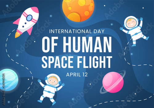International Human Space Flight Day on April 12 Illustration with Rocket and Kids Astronaut in Flat Cartoon Hand Drawn for Landing Page Templates